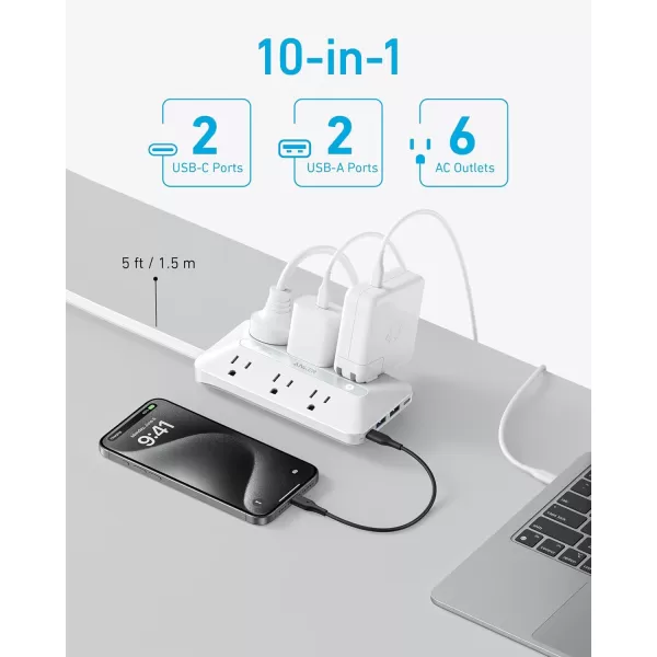 Flat Plug Power Strip300J Anker 20W USB C Power Strip 10in1 Ultra Thin Power Strip with 6 AC 2 USB A2 USB C5ft Extension Cord Desk Charging StationHome Office College Dorm Room EssentialsWhite