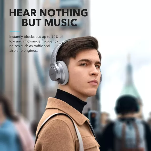 Soundcore Anker Life Q20 Hybrid Active Noise Cancelling Headphones Wireless Over Ear Bluetooth Headphones 60H Playtime HiRes Audio Deep Bass Memory Foam Ear Cups for Travel Home OfficeSilver