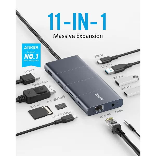 Anker USB C Hub PowerExpand 11in1 Docking Station with 4K60Hz HDMI and DP 100W Power Delivery USBC and 3 USBA Data Ports 1 Gbps Ethernet 35mm Audio microSD and SD Card Reader