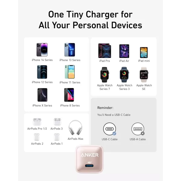 USB C Charger Block 20W Anker 511 Charger Nano Pro PIQ 30 Compact Fast Charger for iPhone 1616 Plus16 Pro16 Pro Max 151413 Series Galaxy Pixel 43 iPad Cable Not IncludedPowder Pink