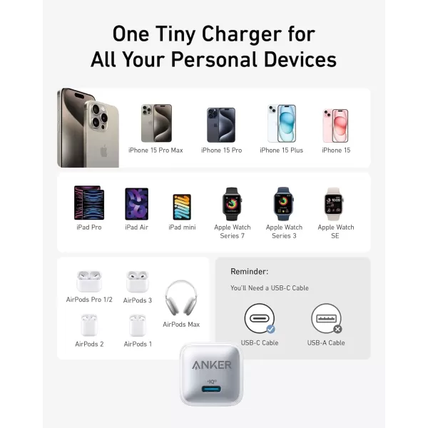 USB C Charger Block 20W Anker 511 Charger Nano Pro PIQ 30 Compact Fast Charger for iPhone 1616 Plus16 Pro16 Pro Max 151413 Series Galaxy Pixel 43 iPad Cable Not IncludedArctic White