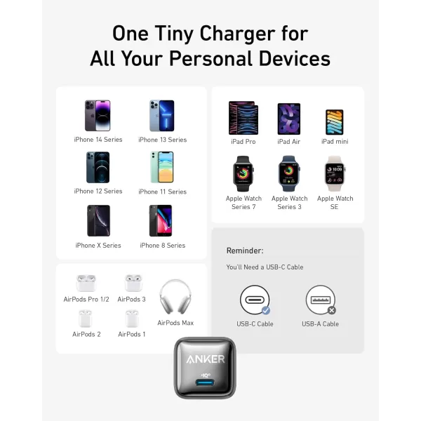 USB C Charger Block 20W Anker 511 Charger Nano Pro PIQ 30 Compact Fast Charger for iPhone 1616 Plus16 Pro16 Pro Max 151413 Series Galaxy Pixel 43 iPad Cable Not IncludedBlack