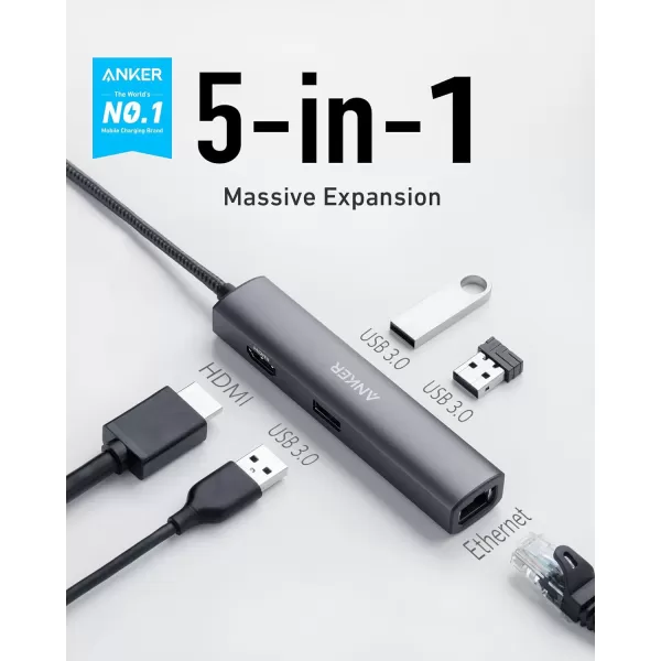 Anker USB C Hub Adapter 5in1 USB C Adapter with 4K USB C to HDMI Ethernet Port 3 USB 30 Ports for MacBook Pro iPad Pro XPS Pixelbook and More