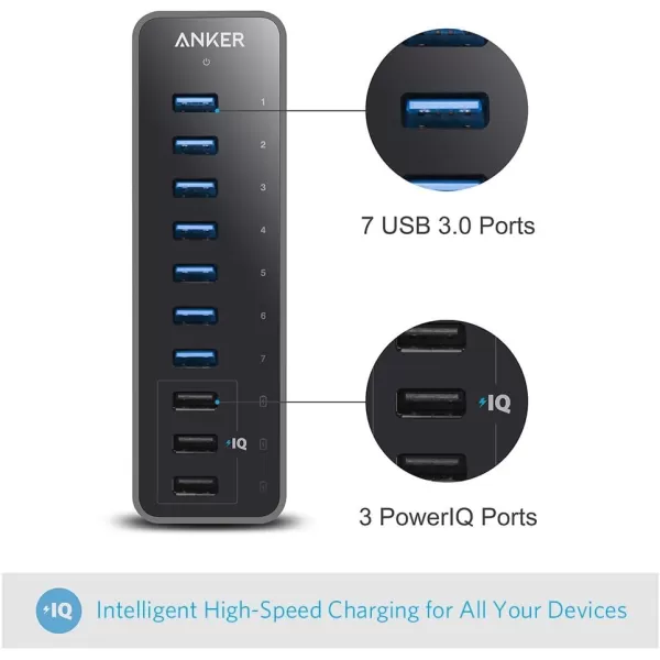 Anker 10 Port 60W Data Hub with 7 USB 30 Ports and 3 PowerIQ Charging Ports for MacBook Mac ProMini iMac XPS Surface Pro iPhone 7 6s Plus iPad Air 2 Galaxy Series Mobile HDD and More