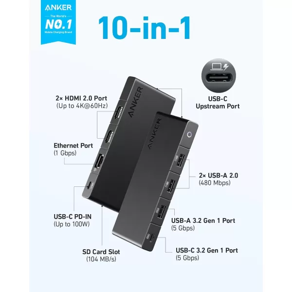 Anker 10in1 USB C Hub with 100W Power Delivery Dual 4K HDMI 4 USBAUSBC Ports Ethernet SD Card Slot for Laptops