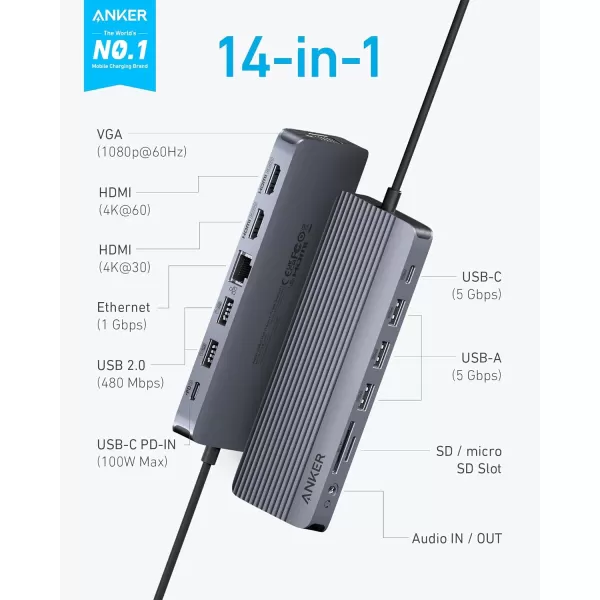 Anker 14 in 1 USB C Docking StationUSB C Hub Triple Display With 4K HDMI 1080p VGA 100W Power Delivery 5Gbps USBAC Data Ports for MacBook Dell XPS HP Laptops and more