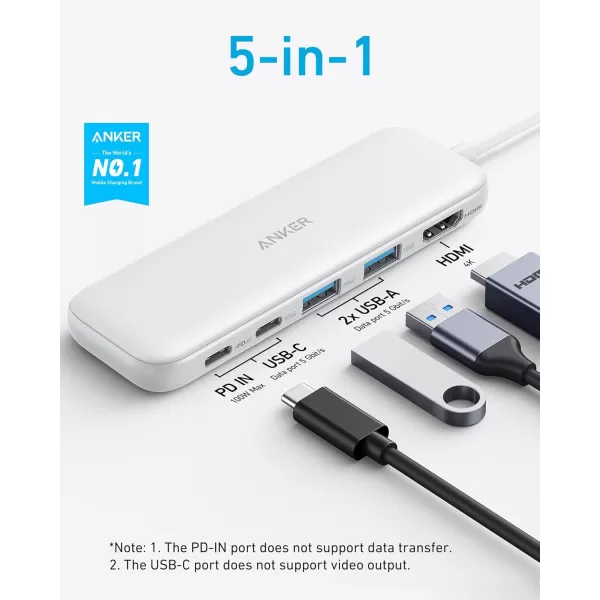 Anker 332 USBC Hub 5in1 with 4K HDMI Display 5Gbps  and 2 5Gbps USBA Data Ports and for MacBook Pro MacBook Air Dell XPS Lenovo Thinkpad HP Laptops and MoreWhite