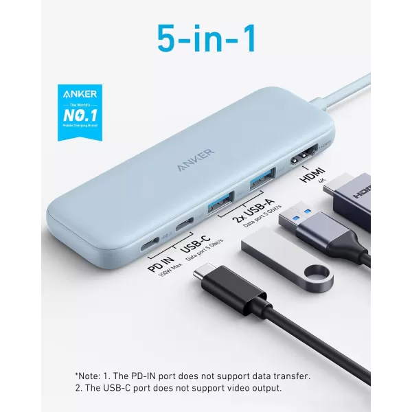 Anker 332 USBC Hub 5in1 with 4K HDMI Display 5Gbps  and 2 5Gbps USBA Data Ports and for MacBook Pro MacBook Air Dell XPS Lenovo Thinkpad HP Laptops and MoreBlue