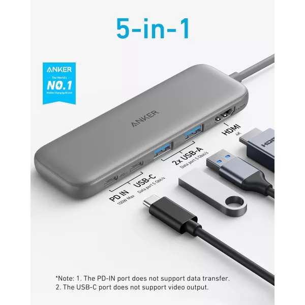 Anker 332 USBC Hub 5in1 with 4K HDMI Display 5Gbps  and 2 5Gbps USBA Data Ports and for MacBook Pro MacBook Air Dell XPS Lenovo Thinkpad HP Laptops and MoreGrey