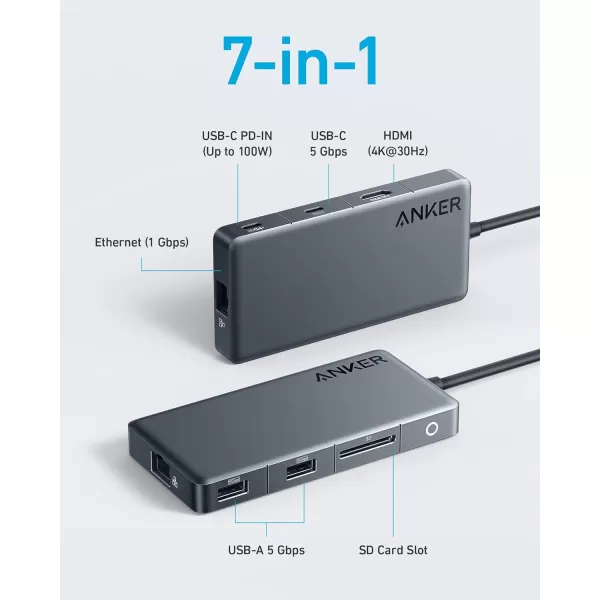 Anker 341 USBC Hub 7in1 4K HDMI Display with 3 5Gbps USBC and USBA Data Ports Max 100W Power Delivery Ethernet for Lenovo Dell XPS HP Laptops MacBook Ipad and More