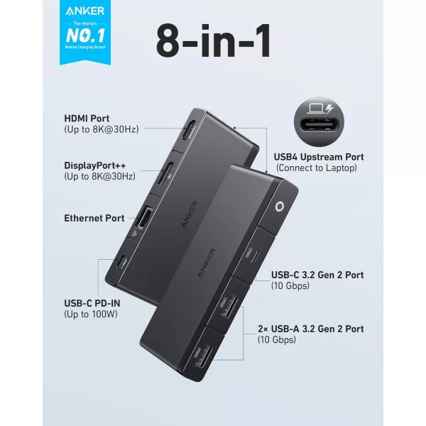 Anker 556 USBC Hub USB4 8in1 with 16ft USB4 Cable 10 Gbps USBC and USBA Data Ports 8K HDMI and DisplayPort for Microsoft Surface Pro 8 HP EliteBook 850 G8 and More Black