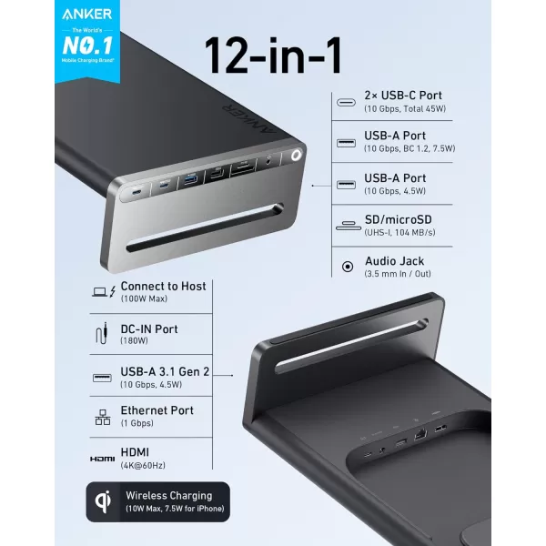 Anker 675 USBC Docking Station 12in1 Monitor Stand with 10Gbps USBC Ports 4K60Hz HDMI Display Wireless Charging Pad for Lenovo ThinkPad MacBook Pro M1  M2 and More USBC Devices