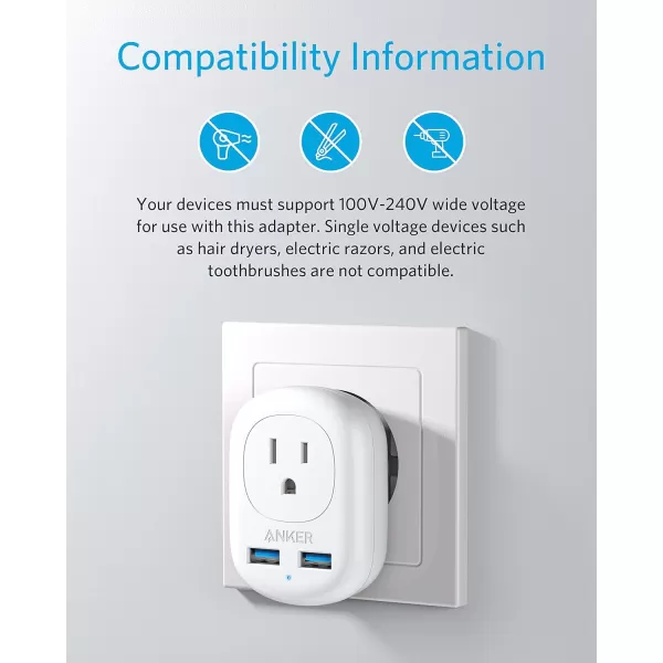 Anker European Travel PowerExtend USB Plug International Power Adapter with 2 USB Ports and 1 Outlet US to Most of Europe EU Spain Iceland Italy France Germany Compact for Travel Office