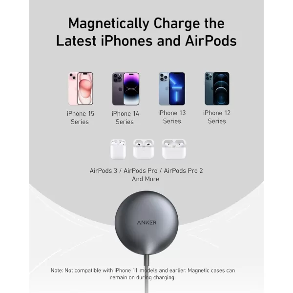 Anker MagSafe Charger Pad Compatible MagGo iPhone 16 Wireless Charger Pad Qi2 Certified 15W Wireless Charger for iPhone 1616 Plus16 Pro16 Pro Max15141312 Series Charger Not IncludedBlack