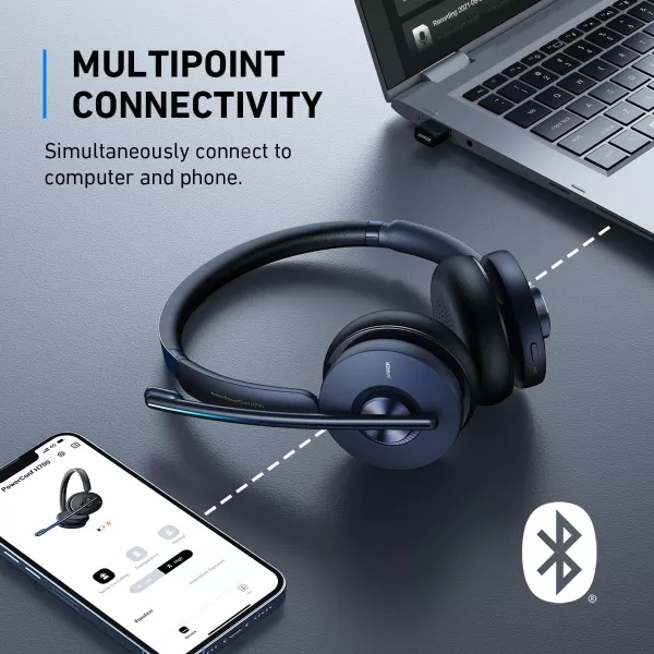 Anker PowerConf H700 Bluetooth Headset with Microphone Active Noise Cancelling Audio Recording and Meeting Transcription AIEnhanced Calls Compatible with Conference Platforms 24H Talk TimeBlue