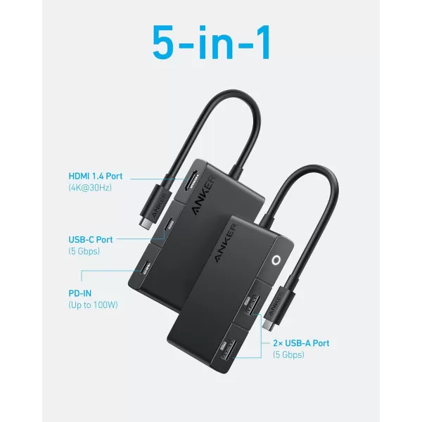 Anker USB C Hub 332 USBC Hub 5in1 4K HDMI with 100W Power Delivery 4K30Hz HDMI Display 5Gbps USBC and USBA Data Ports for MacBook iPad Lenovo Dell HP Laptops and More Black