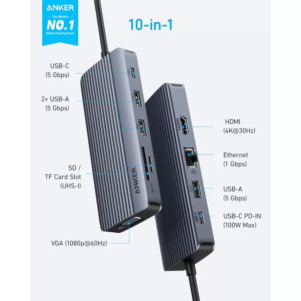 Anker USB C Hub DualDisplay USBC Hub 10in1 4K30Hz HDMI Display 1080p VGA with 100W Max Power Delivery 5 Gbps USBC and USBA Data Ports for MacBook Lenovo Dell XPS HP Laptops and More