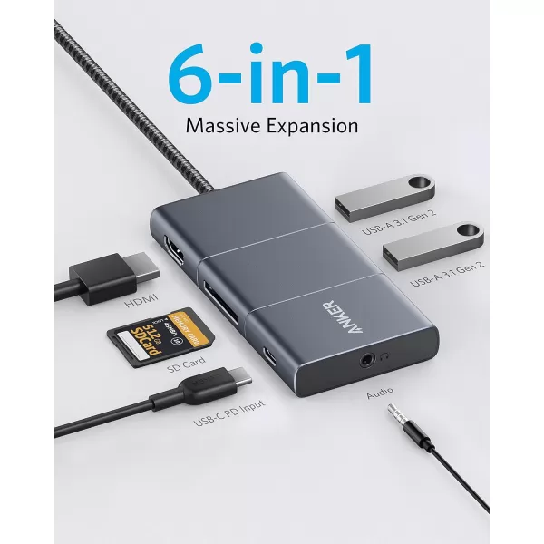 Anker USB C Hub PowerExpand 6in1 Adapter with 4K HDMI 100W Power Delivery Port 2 10 Gbps A Ports SD Card Reader and 35mm Audio for MacBook Air Pro XPS More