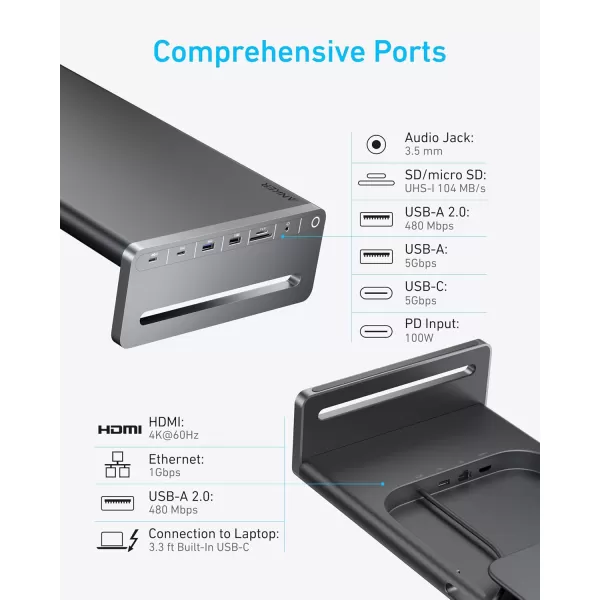 Anker USBC Hub 10in1 Aluminum Monitor Stand with 100W PD 5Gbps USB Ports and 4K60Hz HDMI Display Builtin 33 ft Cable ClutterFree Desk for MacBook Dell and FullFunction USBC Devices