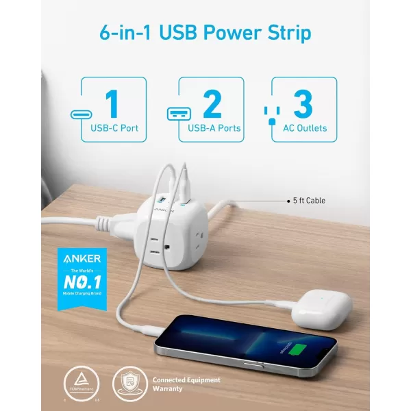 Anker 20W USB C Power Strip 321 Power Strip with 3 Outlets and USB C Charging for iPhone 1515 Plus15 Pro15 Pro Max 5 ft Extension Cord Power Delivery Charging for Dorm RoomsHome OfficeWhite