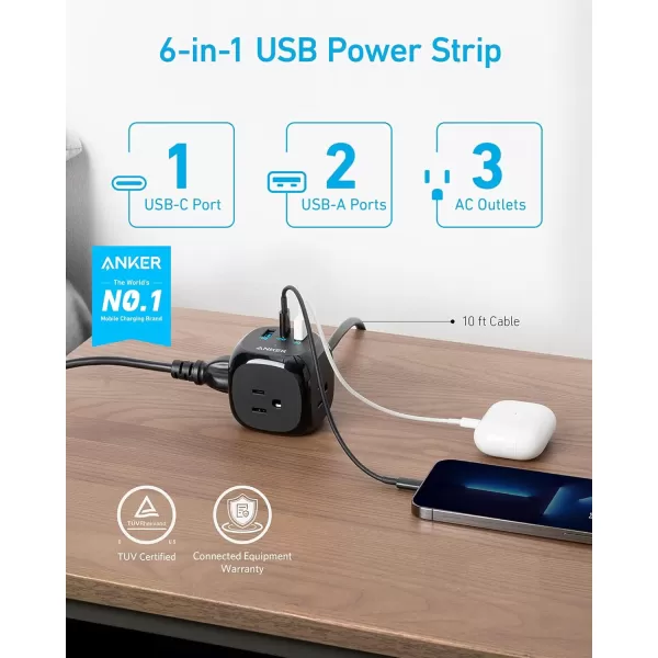 Anker 20W USB C Power Strip 321 Power Strip with 3 Outlets and USB C Charging for iPhone 1515 Plus15 Pro15 Pro Max 5 ft Extension Cord Power Delivery Charging for Dorm RoomsHome OfficeBlack