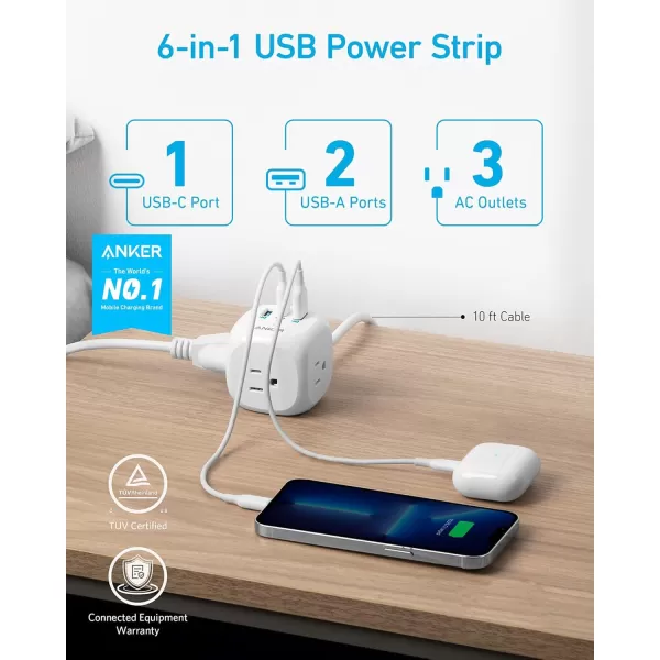 Anker 20W USB C Power Strip 321 Power Strip with 3 Outlets and USB C Charging for iPhone 1515 Plus15 Pro15 Pro Max 5 ft Extension Cord Power Delivery Charging for Dorm RoomsHome OfficeWhite