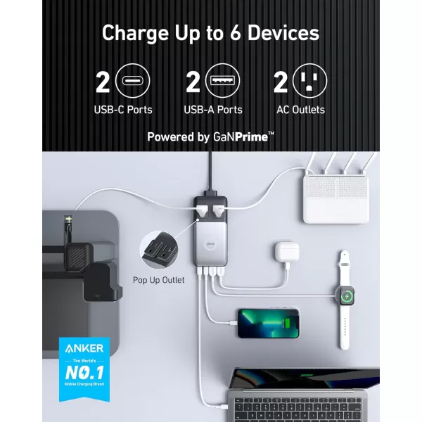 Anker 727 Charging Station GaNPrime 100W Compact Power Strip for Travel Work 5 ft Detachable Extension Cord with 2 Outlets and 4 USB Ports for iPhone 14 Samsung iPad MacBook Not a BatteryBlackGray