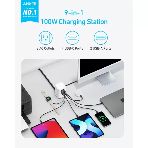 Anker Charging Station 100W 9in1 USB C Power Strip with 300J Surge Protection for iPhone 15 and MacBook 5 ft Flat Cable and Plug 4 USB C and 2 USB A Ports 3 AC Outlets for Home OfficeWhite