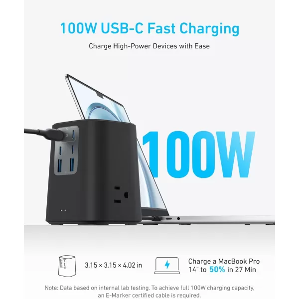 Anker Charging Station 100W 9in1 USB C Power Strip with 300J Surge Protection for iPhone 15 and MacBook 5 ft Flat Cable and Plug 4 USB C and 2 USB A Ports 3 AC Outlets for Home OfficeBlack