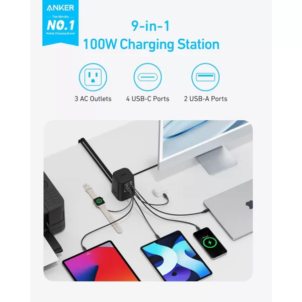 Anker Charging Station 100W 9in1 USB C Power Strip with 300J Surge Protection for iPhone 15 and MacBook 5 ft Flat Cable and Plug 4 USB C and 2 USB A Ports 3 AC Outlets for Home OfficeBlack