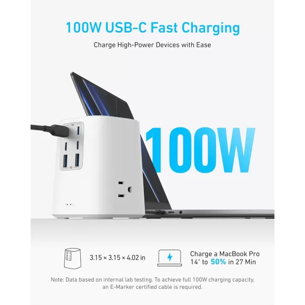 Anker Charging Station 100W 9in1 USB C Power Strip with 300J Surge Protection for iPhone 15 and MacBook 5 ft Flat Cable and Plug 4 USB C and 2 USB A Ports 3 AC Outlets for Home OfficeWhite