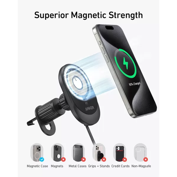 Anker MagGo 15W MagSafe Car Mount Mobile Phone Holder Car with Charging Function 360 Adjustable Angle and Strong Magnets Wireless Car Charger for iPhone 161514 Series Includes Cable and