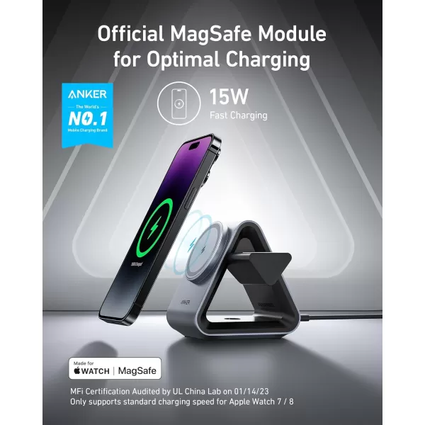 Anker MagSafe Charger Stand 737 MagGo Charger 3in1 Charging Stand with MFiCertified 15W Max Fast Charging iPhone 15141312 Series Apple Watch S876 AirPods 30W USBC Charger Included