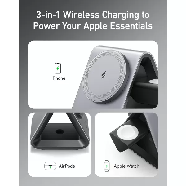 Anker MagSafe Charger Stand 737 MagGo Charger 3in1 Charging Stand with MFiCertified 15W Max Fast Charging iPhone 15141312 Series Apple Watch S876 AirPods 30W USBC Charger Included