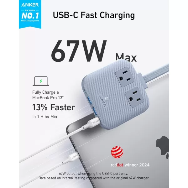 Anker Nano Charging Station67W Max 6in1 USB C Power Strip for iPhone 1514 and MacBook with Flat Plug and 5ft Thin Undetachable Extension Cord2 AC2 USB A2 USB C for HomeampampOfficeBlack StoneIce Lake Blue