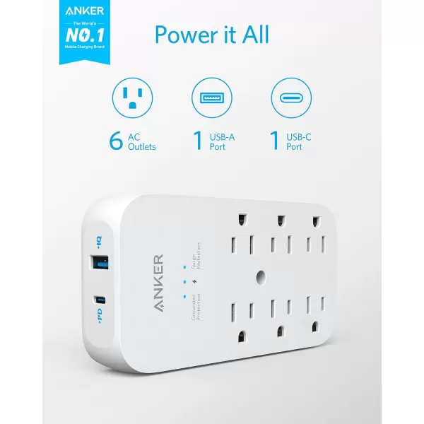 Anker Outlet Extender and USB Wall Charger 6 Outlets and 2 USB Ports 20W USB C Power Delivery HighSpeed Charging iPhone 1515 Plus15 Pro15 Pro Max MultiPlug for Dorm Home and Office White2 Pack