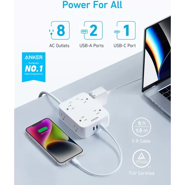 Anker Power Strip with USB Ports5FtSurge Protector2000J8 Widely Outlet Extender with 2 USB A Ports and 1 USB C PortWorks WhiteWhite