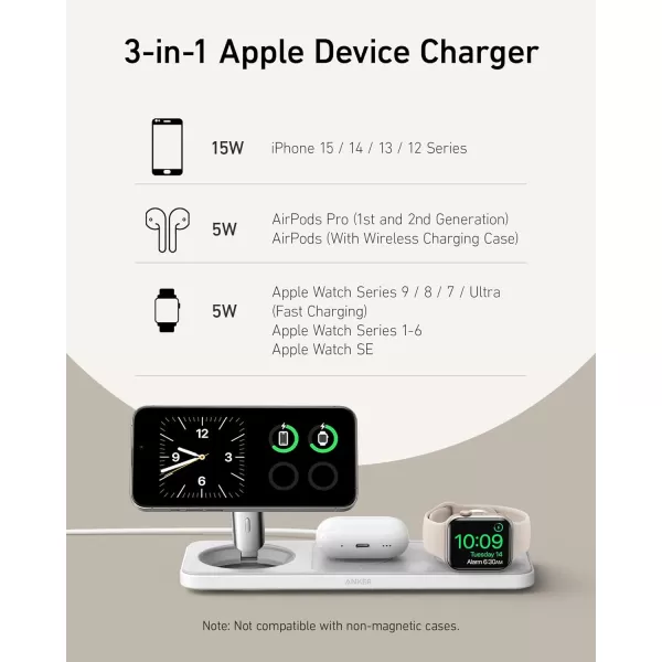 Anker iPhone 16 Foldable 3in1 Wireless Charging Station Qi2 Certified 15W UltraFast MagSafeCompatible Wireless Charger for iPhone 1514 Series AirPods Apple Watch USBC Charger IncludedWhite