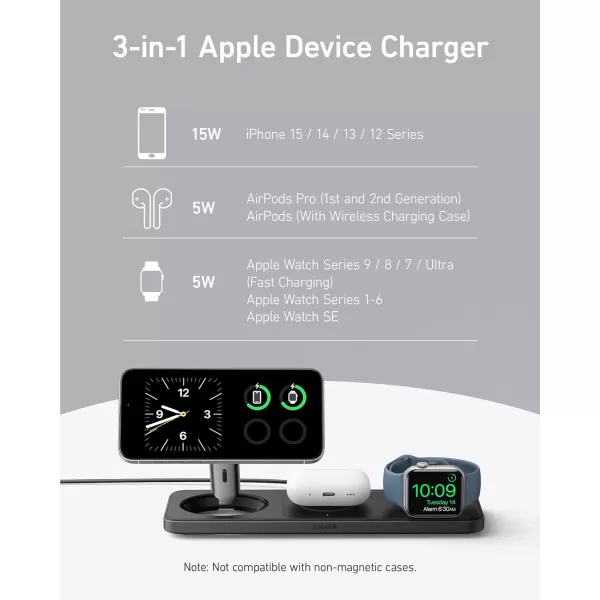 Anker iPhone 16 Foldable 3in1 Wireless Charging Station Qi2 Certified 15W UltraFast MagSafeCompatible Wireless Charger for iPhone 1514 Series AirPods Apple Watch USBC Charger IncludedBlack