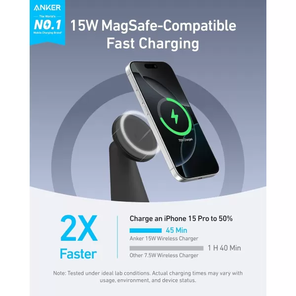 Upgraded Anker MagSafe Compatible 2in1 Charging Stand iPhone 16 Wireless Charger Qi2 Certified 15W UltraFast Adjustable and Super Strong for iPhone 16151413 AirPods Adapter Not IncludedBlack