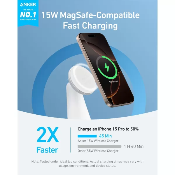 Upgraded Anker MagSafe Compatible 2in1 Charging Stand iPhone 16 Wireless Charger Qi2 Certified 15W UltraFast Adjustable and Super Strong for iPhone 16151413 AirPods Adapter Not IncludedWhite