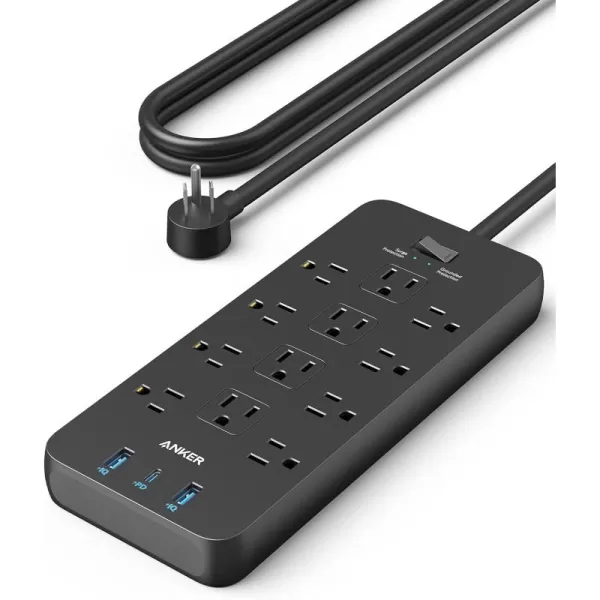 Surge Protector Power Strip 2100J Anker 12 Outlets with 1 USB C and 2 USB Ports foriPhone 1515 Plus15 Pro15 Pro Max 5ft Extension Cord Flat Plug 20W USB C Charging for Home OfficeTUV ListedBlack