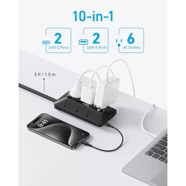 imageFlat Plug Power Strip300J Anker 20W USB C Power Strip 10in1 Ultra Thin Power Strip with 6 AC 2 USB A2 USB C5ft Extension Cord Desk Charging StationHome Office College Dorm Room EssentialsBlack