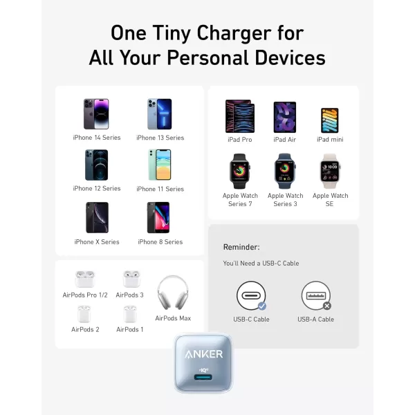 imageUSB C Charger Block 20W Anker 511 Charger Nano Pro PIQ 30 Compact Fast Charger for iPhone 1616 Plus16 Pro16 Pro Max 151413 Series Galaxy Pixel 43 iPad Cable Not IncludedGlacier Blue