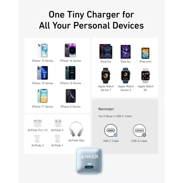 imageUSB C Charger Block 20W Anker 511 Charger Nano Pro PIQ 30 Compact Fast Charger for iPhone 1616 Plus16 Pro16 Pro Max 151413 Series Galaxy Pixel 43 iPad Cable Not IncludedMisty Blue