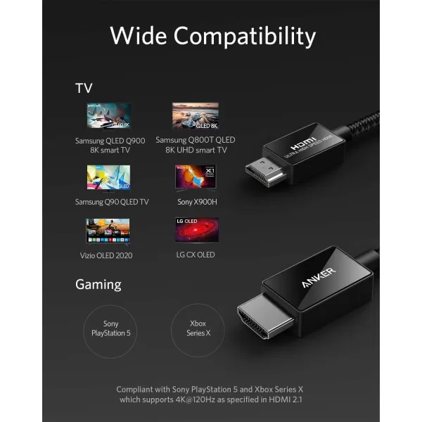 imageAnker 8K60Hz HDMI Cables Ultra High Speed 4K120Hz 48Gbps 66 ft Ultra HD HDMI to HDMI Cord Support Dynamic HDR eARC Dolby Atmos Compatible with PlayStation 5 Xbox Series X Samsung TVs