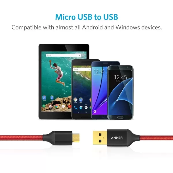 imageAnker 2Pack 6ft Nylon Braided TangleFree Micro USB Cable with GoldPlated Connectors for Android Samsung HTC Nokia Sony and More BlackRed