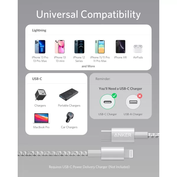 imageAnker iPhone Fast Charging Cable  6ft Nylon USBC to Lightning Cord MFi Certified for iPhone 131211X8 AirPods Pro Durable for Daily Use Ideal for TravelSilver