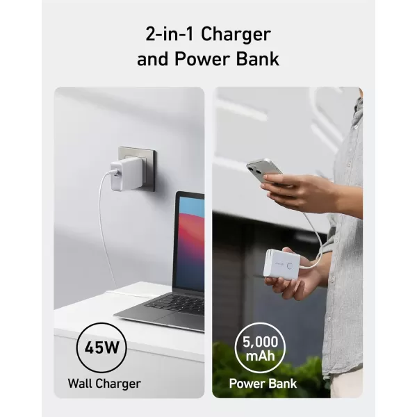 imageAnker 521 Power Bank 45W Wall Charger with 5000mAh 20W Portable Charger DualPort USBC for iPhone 15 Series iPhone 1413 Series iPad Pro AirPods Apple Watch Samsung Galaxy and MoreAurora White