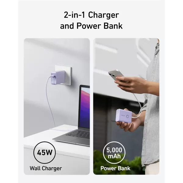 imageAnker 521 Power Bank 45W Wall Charger with 5000mAh 20W Portable Charger DualPort USBC for iPhone 15 Series iPhone 1413 Series iPad Pro AirPods Apple Watch Samsung Galaxy and MorePurple